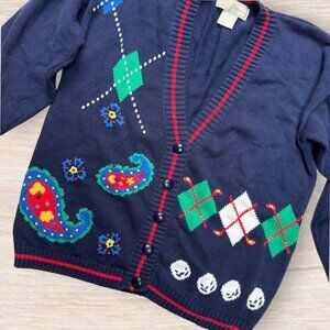 Vintage 90s Navy Blue Golf Club Ball Argyle Paisley Cardigan Sweater Size S